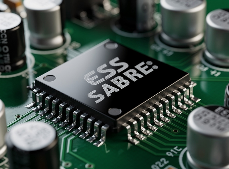 Close-up of an ESS Sabre DAC chip soldered to a hi-fi DAC circuit board with surrounding clock and power components