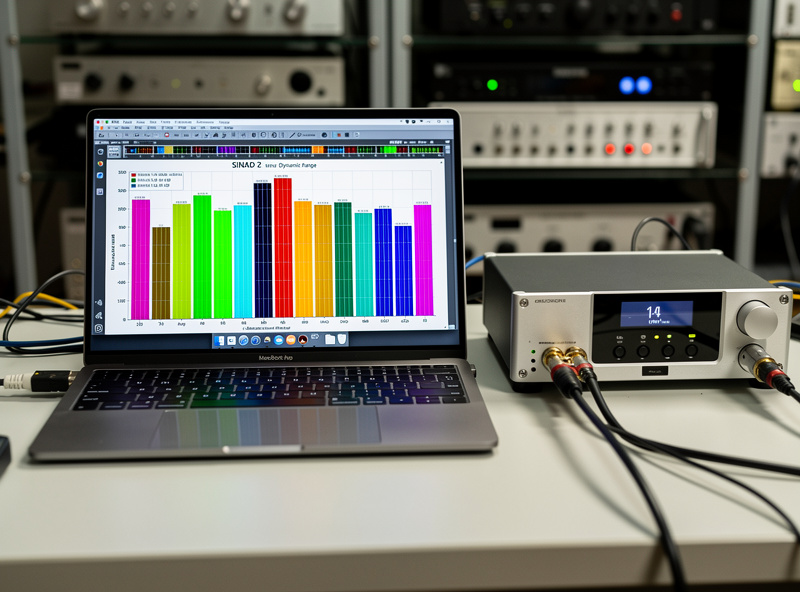 A laptop displaying a SINAD and dynamic range measurement plot next to a DAC and measurement interface