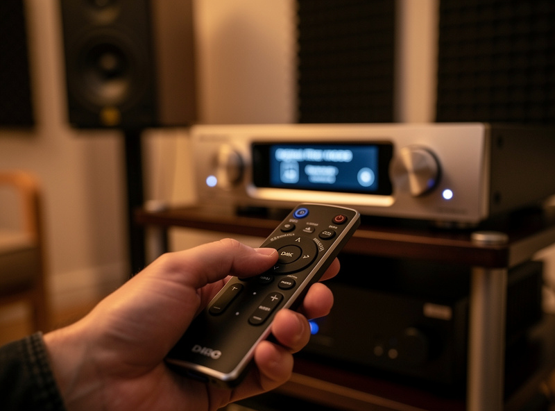 Hands adjusting a DAC remote to change digital filter settings while music plays in a treated listening room