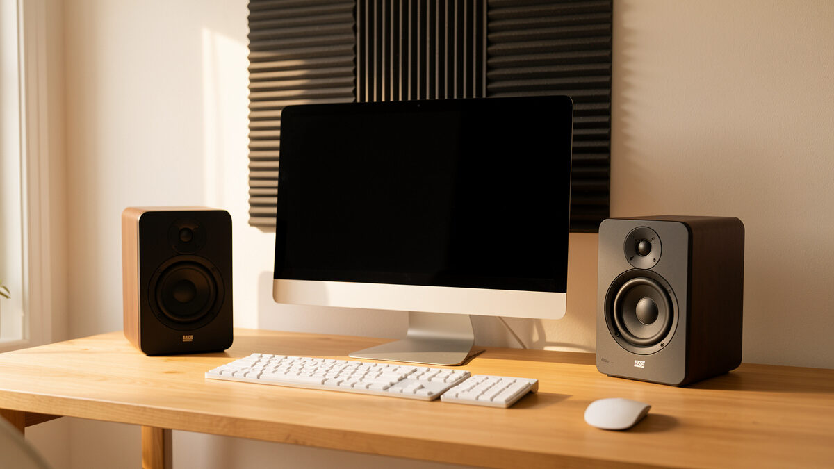 Near-field desktop audio setup with active monitors flanking a computer display on a treated desk