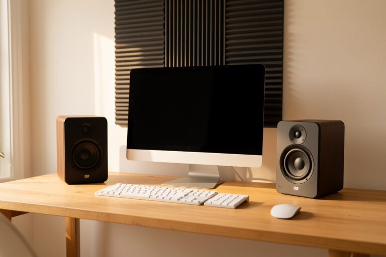 Near-field desktop audio setup with active monitors flanking a computer display on a treated desk