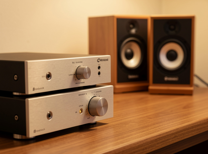 Near-field desktop audio setup with active monitors either side of a computer monitor on a treated desk