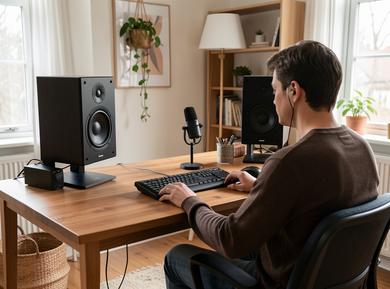 Desktop DAC and amplifier stack feeding bookshelf monitors on a desk