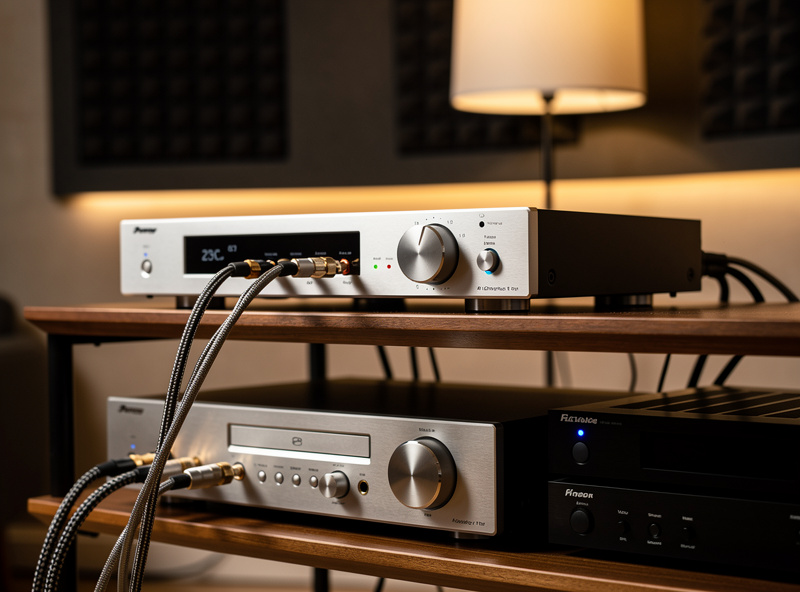 A desktop DAC and headphone amplifier on a treated listening room shelf feeding an integrated amplifier