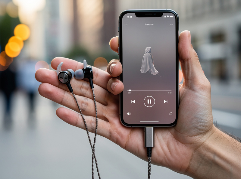 A small USB-C DAC dongle connected to a phone with in-ear monitors, held in hand outdoors