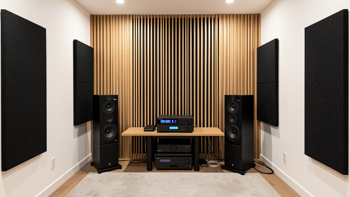 Acoustic absorber and diffuser compared in a listening room