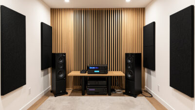 Acoustic absorber and diffuser compared in a listening room