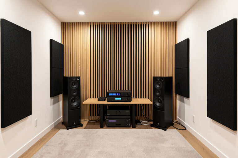 Acoustic absorber and diffuser compared in a listening room