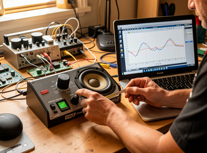 Measuring a loudspeaker driver's Thiele-Small parameters with an impedance jig and laptop showing a frequency response curve