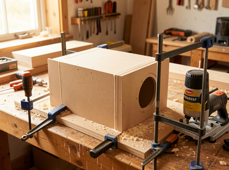A flat-pack MDF speaker cabinet being glued and clamped together on a workbench with bar clamps