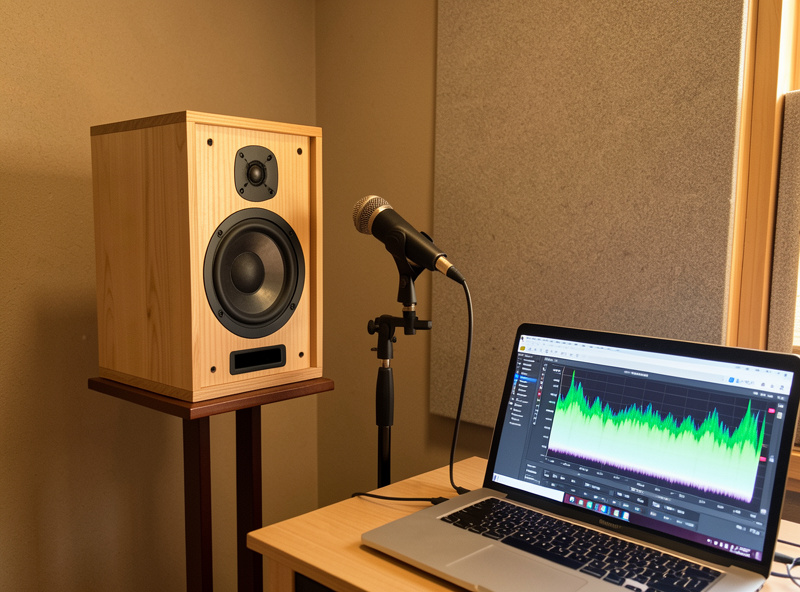A finished DIY two-way bookshelf speaker measured with a calibrated UMIK-1 microphone and REW software in a small treated listening room