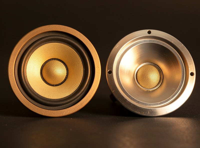 Close-up of a silk dome tweeter next to an aluminum dome tweeter showing diaphragm detail