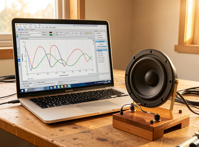 Laptop showing Thiele-Small parameter measurement software with a woofer connected to a measurement jig