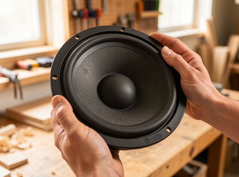 Hands inspecting a mid-bass woofer driver cone and surround in a workshop