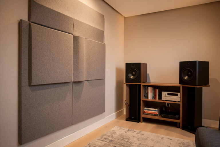 Acoustic panel at the first reflection point on a listening room side wall