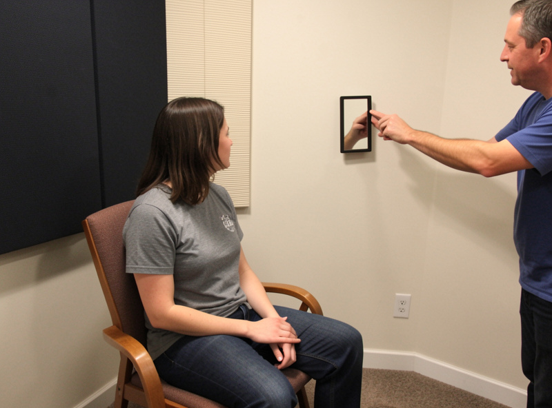 Person using the mirror trick to find a first reflection point on the side wall of a listening room