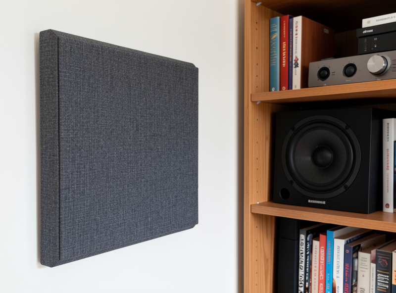 Broadband fabric acoustic panel mounted at the side-wall first reflection point next to a bookshelf speaker