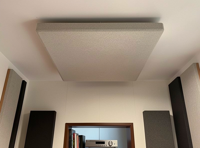 Ceiling cloud acoustic panel mounted above the listening position between speakers and chair