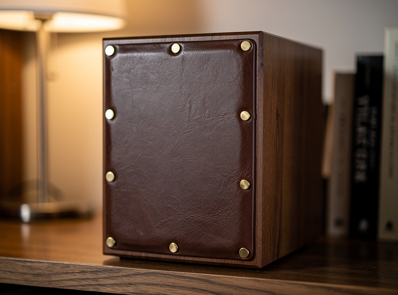 Hand-stitched leather speaker grill cover mounted on a bookshelf speaker, brass Chicago screws visible, warm listening room with natural light