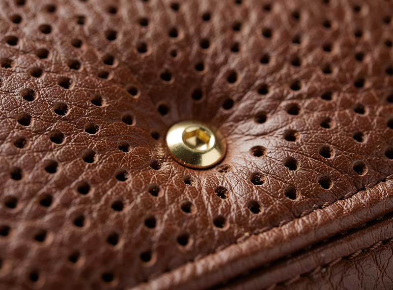 Close-up of leather speaker grill with evenly spaced punched holes, brass mounting hardware, warm leather tones, detailed craft photography