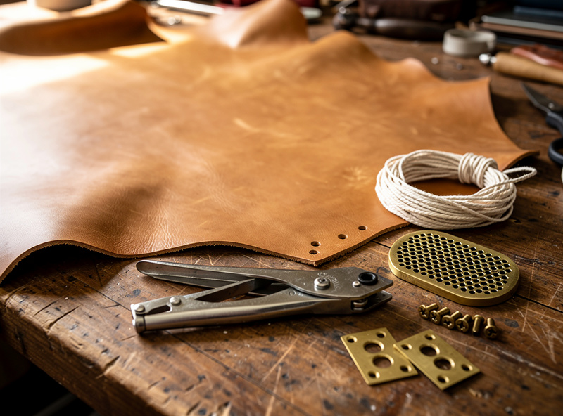 Half-hide of vegetable-tanned leather on workbench with cutting tools, hole punch, waxed thread, and brass hardware for speaker grill project