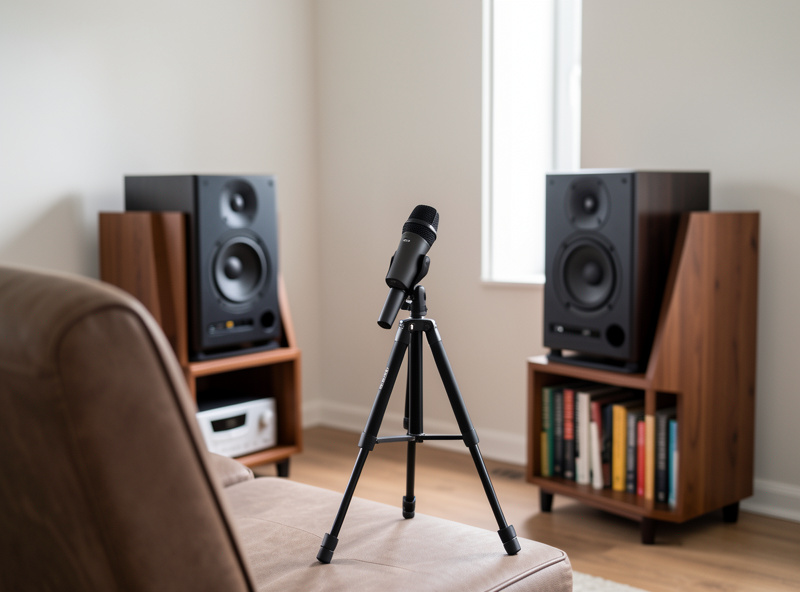 A calibrated USB measurement microphone on a stand at the listening position pointed toward stereo speakers in a small treated room