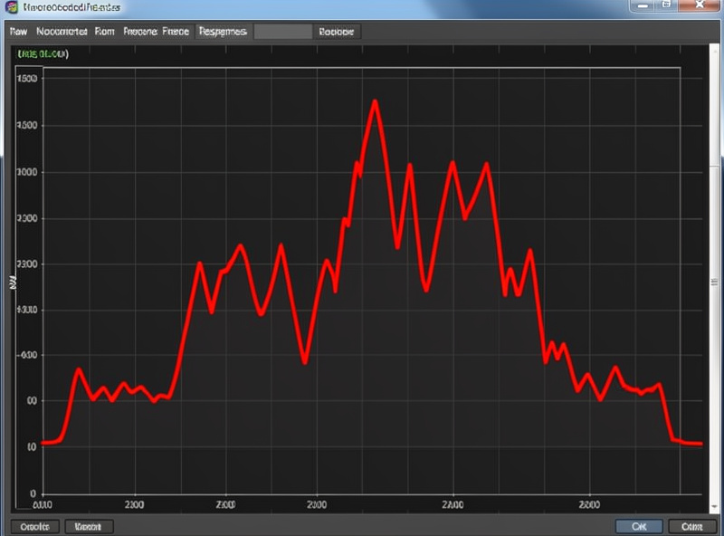 A measured in-room frequency response curve showing large peaks and a deep null in the bass region before any correction is applied