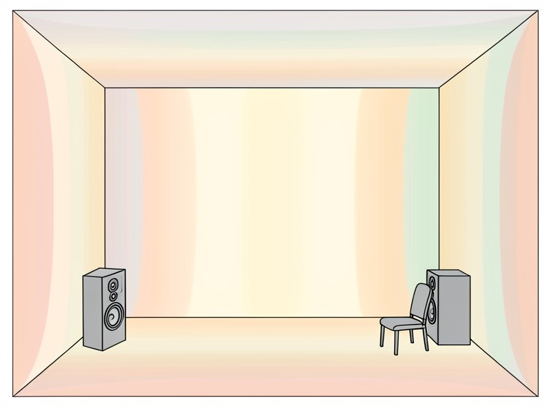 Diagram concept showing low frequency room modes as standing wave pressure zones in a rectangular room with speaker and listening position marked