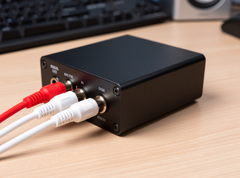 A miniDSP 2x4 HD digital signal processor unit on a desk with RCA cables connected to its inputs and outputs, small black aluminum box, photographic product setup
