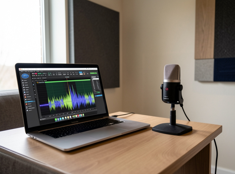 A laptop running room measurement software next to a calibrated USB microphone on a stand at the listening seat, mid-sweep, small treated room in background