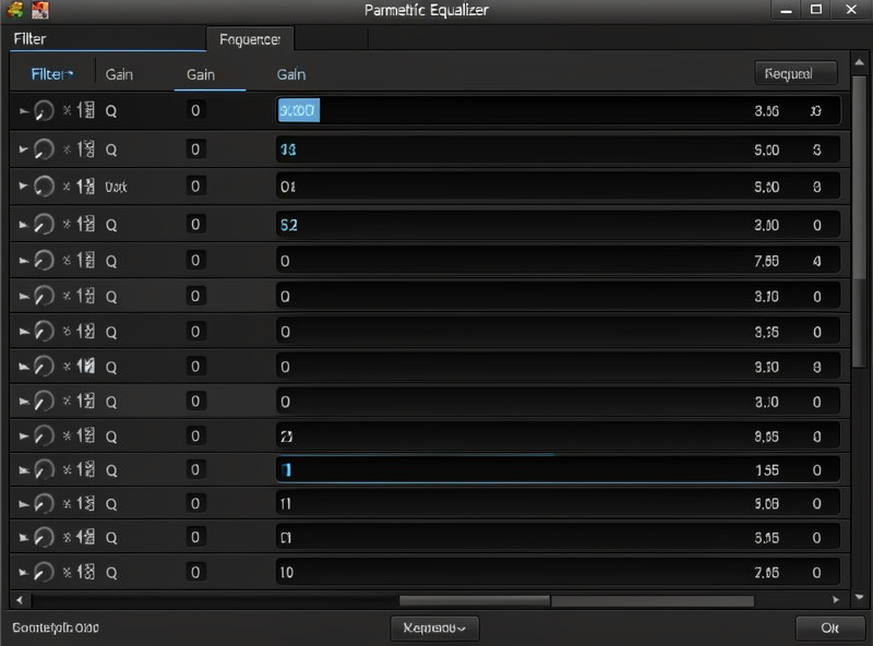 Screen of the miniDSP plugin showing the parametric EQ section with several filter bands entered, each with frequency, gain, and Q values, dark software interface