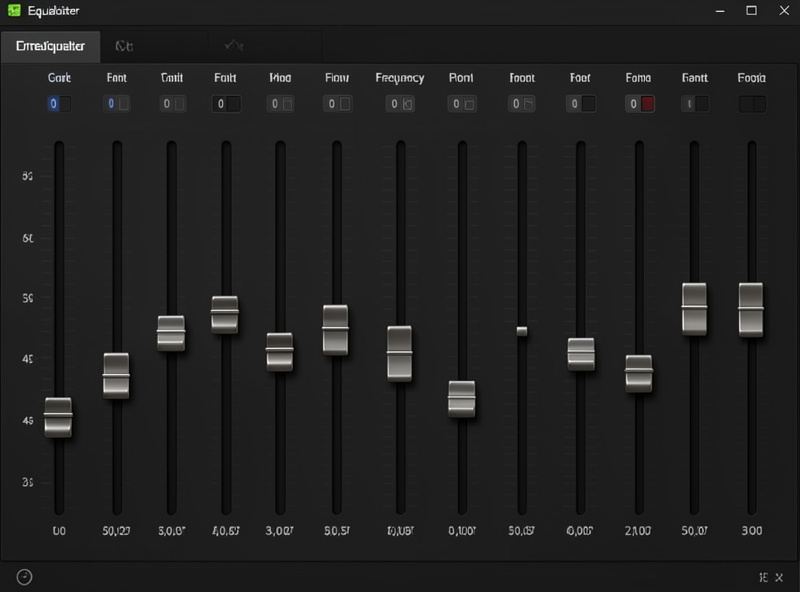 A graphic equalizer interface showing a row of vertical sliders at fixed frequency bands, some pushed up and some down forming a tone curve, audio software UI