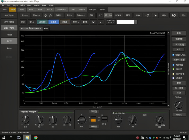 The Room EQ Wizard main interface showing a measured frequency response graph with the measurement toolbar, dense technical audio software UI