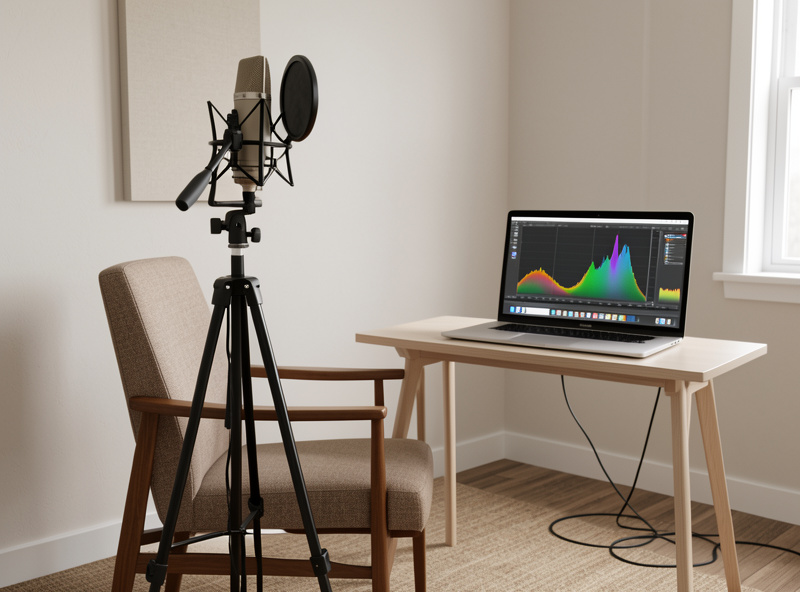 A calibrated measurement microphone on a stand at ear height at a listening chair with a laptop running a measurement sweep, small treated room, photographic