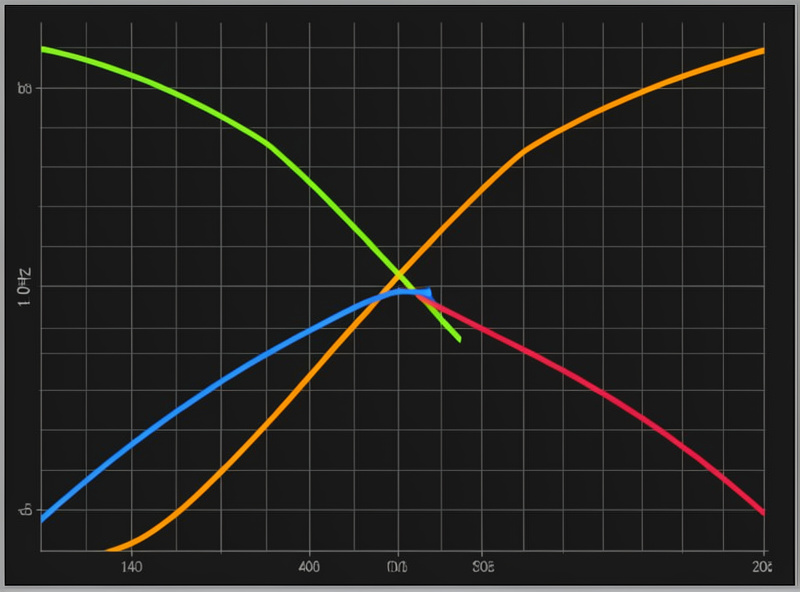 A measurement graph showing the subwoofer low-pass and main speaker high-pass curves overlapping smoothly at the crossover frequency around 80 Hz