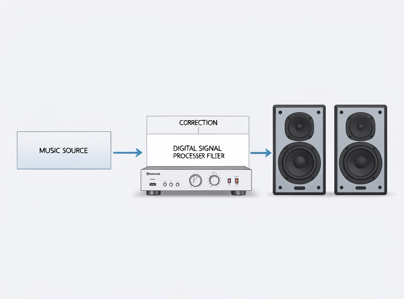 A conceptual flow showing music signal passing through a digital room correction processor that applies a measured correction filter before reaching the amplifier and speakers