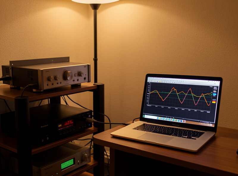 A digital room correction processor box in a hi-fi rack connected to a laptop, with a frequency response correction curve on screen, small listening room, photographic