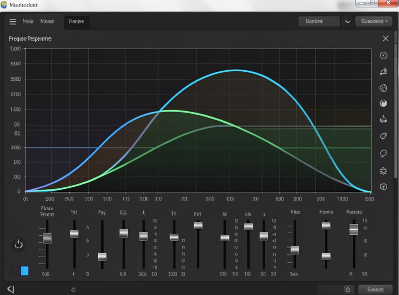 A headphone EQ software interface showing a frequency response curve being shaped by several filter bands toward a target curve, dark audio software UI