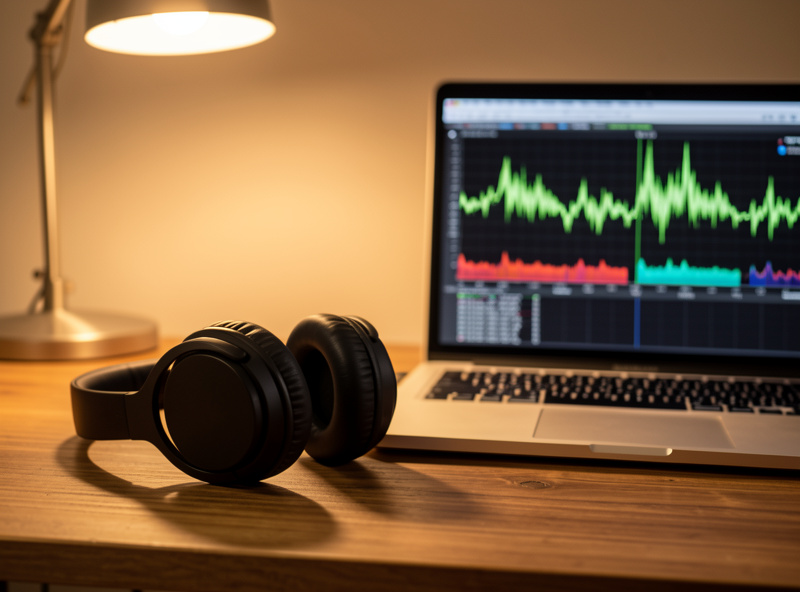 A pair of open-back headphones resting on a desk beside a laptop showing an EQ profile with parametric filter bands, warm desk lighting, photographic