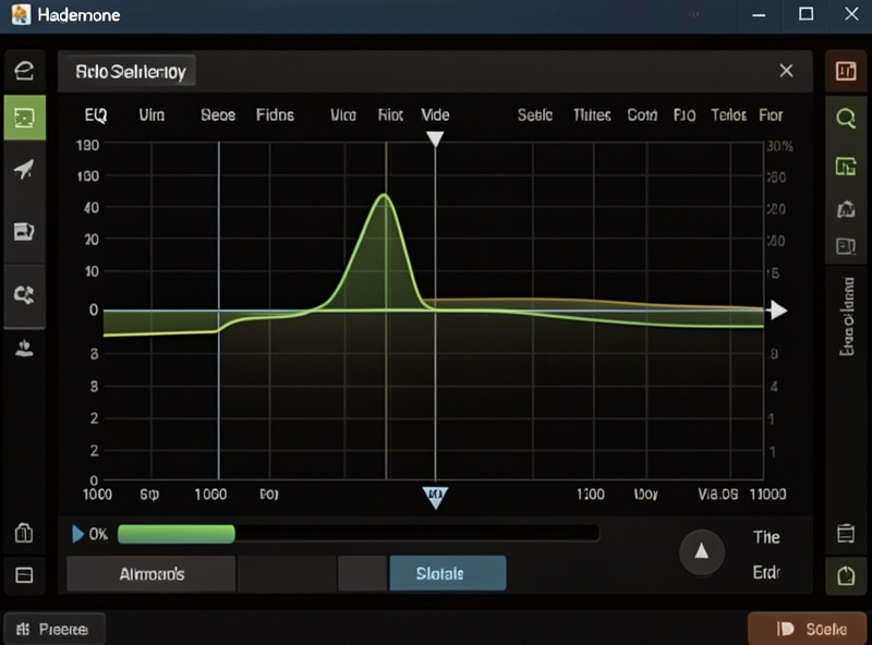 A close-up of a headphone EQ profile showing a treble peak being cut with a parametric filter, frequency response curve flattening in the presence region, dark software UI