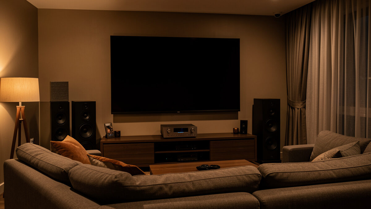 Modern home theater living room with AV receiver, surround speakers, and a large screen