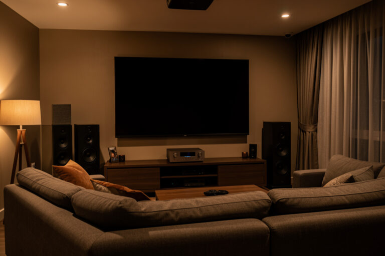 Modern home theater living room with AV receiver, surround speakers, and a large screen