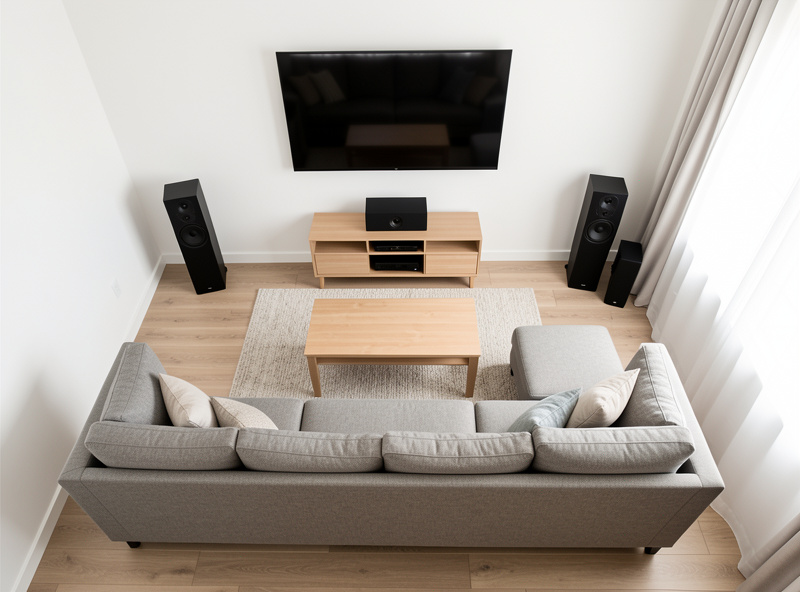 Home theater 5.1 speaker layout in a living room with center channel under the screen and surround speakers flanking the seating