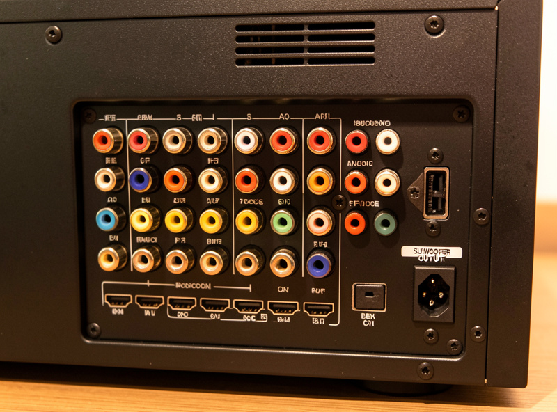 AV receiver back panel showing speaker terminals, subwoofer pre-out, and HDMI connections for a home theater audio system