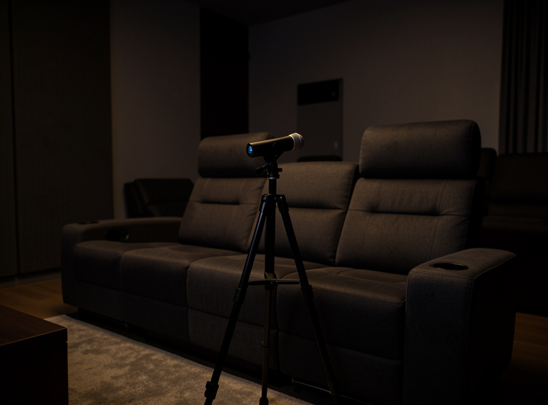 Auto-calibration microphone on a stand at ear height in the main listening seat of a home theater for receiver room correction