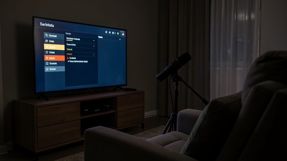 Home theater calibration with microphone on a stand and receiver setup menu on screen
