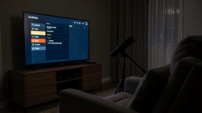 Home theater calibration with microphone on a stand and receiver setup menu on screen
