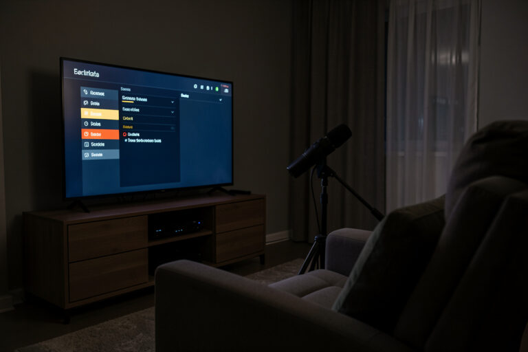 Home theater calibration with microphone on a stand and receiver setup menu on screen