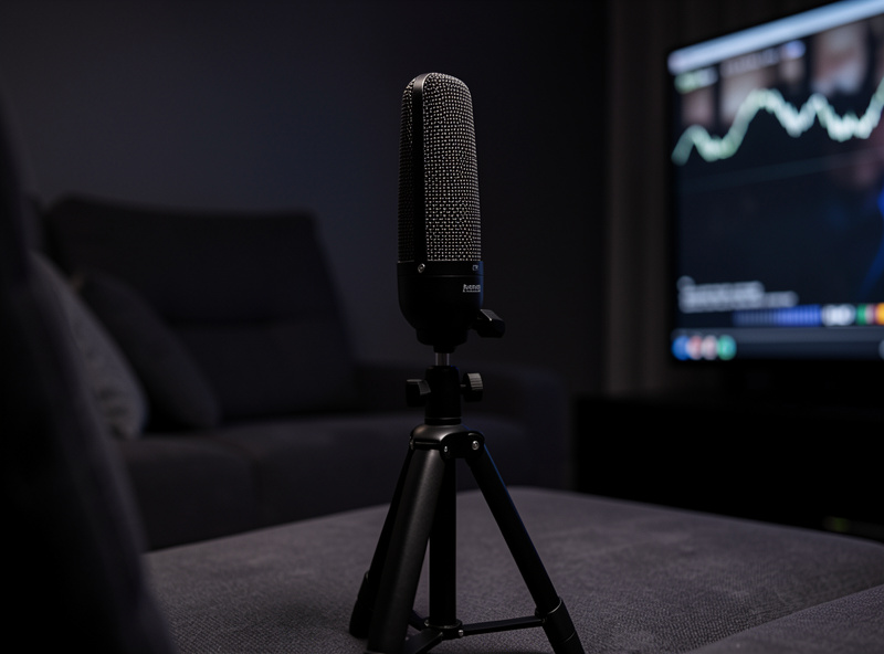 Auto-calibration microphone on a tripod at ear height in a home theater main seat measuring test tones