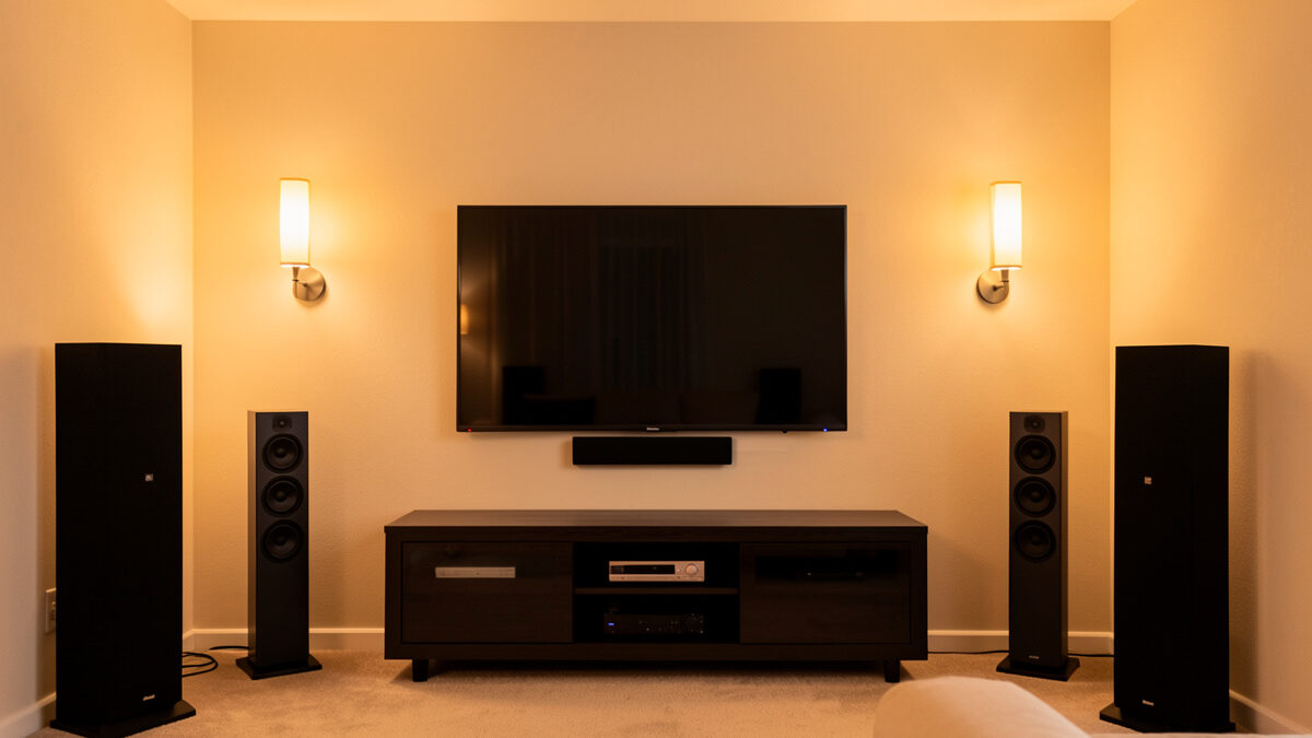 Home theater speaker placement layout with center, front, and surround positions